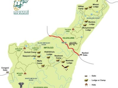 mappa della Hluhluwe-Imfolozi Game Reserve che indica le due sezioni del parco