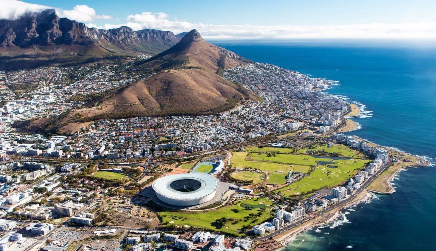 vista aerea di Cape Town,con lo stadio, Green Point e l'Atlantic Seabord