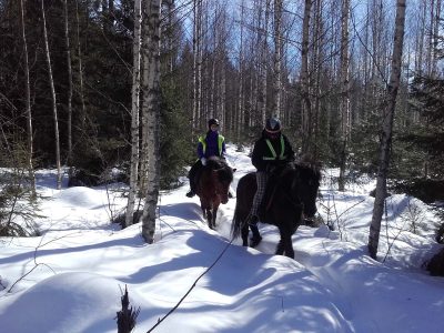 a cavallo nella taiga finlandese innevata in inverno