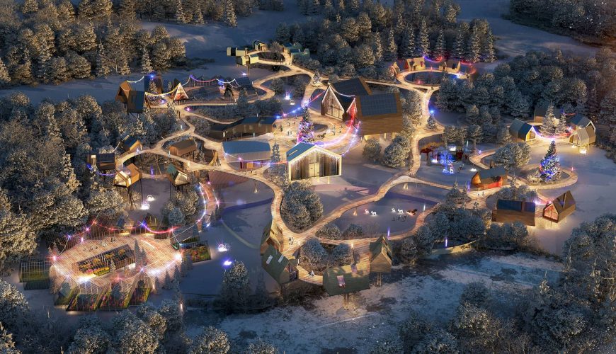 villaggio di santa claus a Rovaniemi illuminato sotto la neve