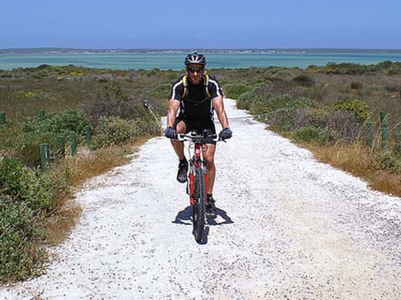 ciclista in MTB nel west coast NP con la laguna sullo sfondo