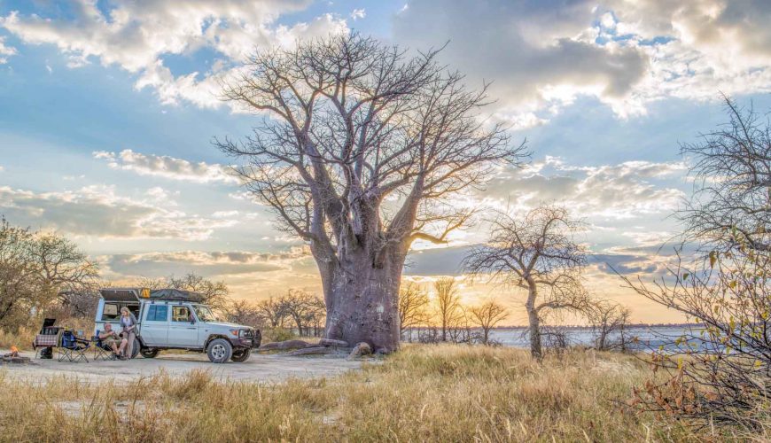 jeeo vicino ai baobab di Baines a Nxai Pan